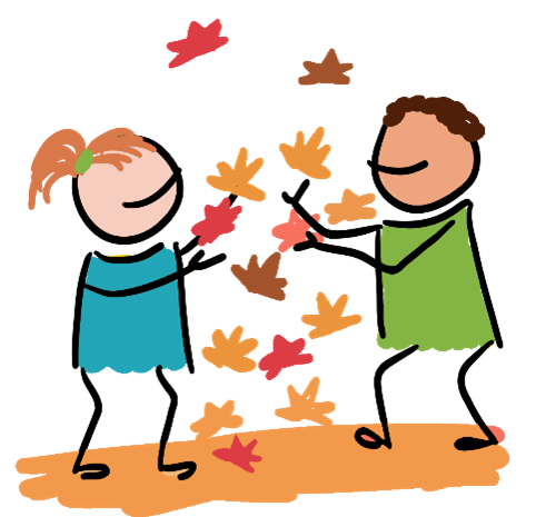 Zeichnung von zwei Kindern, die im Garten spielen und mit herbstlich-orangenem Laub um sich werfen